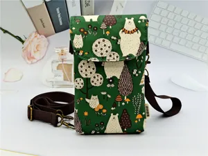 Green cartoon forest print crossbody phone bag with adjustable strap and multi-layer design.
