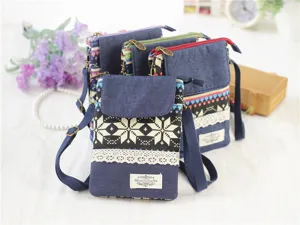 Ethnic style canvas cross-body phone bag multi-layer portable mini messenger bag for women