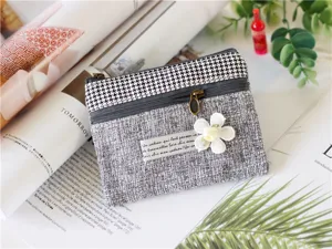 Cotton linen houndstooth coin purse double zipper small wallet pouch for women daily use