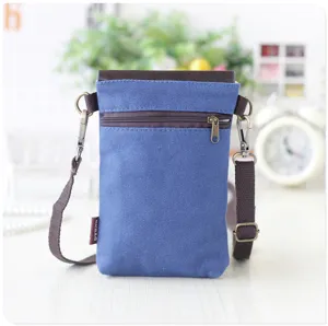 Canvas crossbody phone bag for women men, small casual messenger bag with brown leather flap.