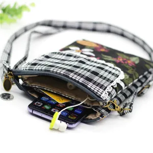 Cotton plaid floral crossbody phone bag, multi-layer casual shoulder bag for women.