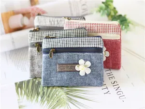 Canvas linen double zipper coin purse cute floral small pouch portable wallet for women