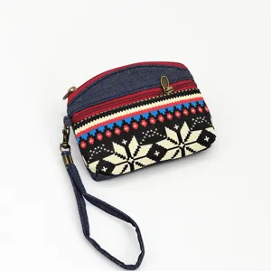 Ethnic style denim coin purse with wrist strap, geometric pattern zipper wallet.