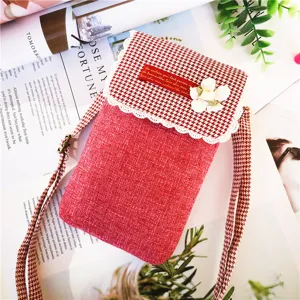 Women Cotton Linen Crossbody Phone Bag 3-Layer Casual Small Shoulder Bag With Plaid Flap and Floral Lace Pocket Handbag