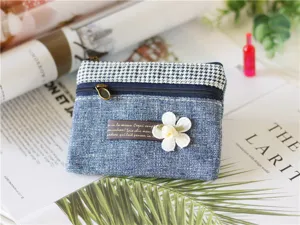 Denim houndstooth coin purse double zipper mini wallet cute floral fabric pouch for women