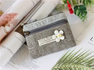 Cotton linen coin purse detail, plaid and houndstooth pattern with cute fabric flower.