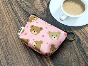 Roze schattige cartoon beer print munt tas met rits en metalen ring voor dagelijkse opbergruimte.