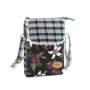Cotton floral crossbody phone bag, multi-layer stylish canvas bag for women daily use.
