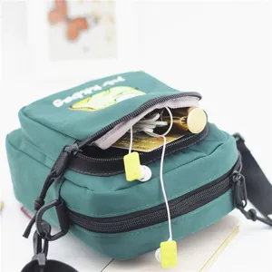 Green nylon small crossbody bag cartoon shoulder phone bag for women daily casual use.