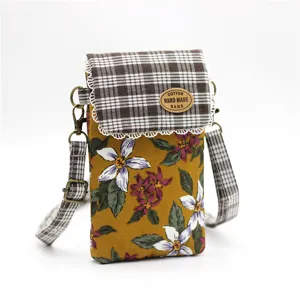 Cotton floral cross-body phone bag with plaid flap, vintage style small messenger bag.
