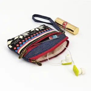 Ethnic style fabric coin purse with double zippers and wrist strap, perfect for women daily use.