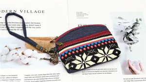 Ethnic denim coin purse with wrist strap and double zipper pockets for women daily use.
