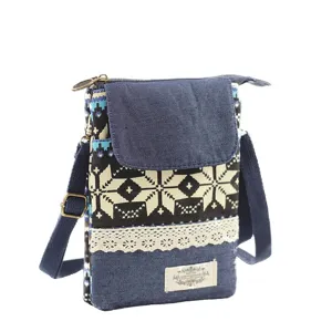 Ethnic style cotton crossbody phone bag for women, retro canvas mini shoulder messenger bag.