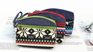 Ethnic style fabric coin purse detail, double zipper design with wrist strap for women.