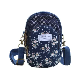 Blumenmuster Mehrschichtige Umhängetasche Stoff Canvas Handytasche für Damen Freizeit