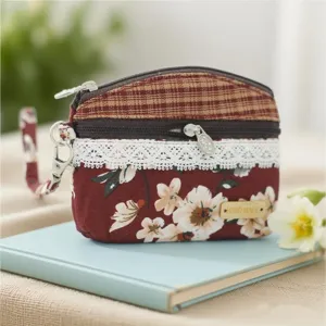 Ethnic style floral fabric coin purse with double zippers and wrist strap for women daily use