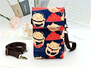 Japanese lucky cat print crossbody phone bag for women with multi-layer waterproof design.