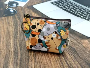 Leuke cartoon kat print canvas portemonnee met rits en sleutelhanger voor dagelijks gebruik.