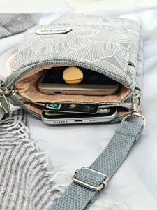 Floral leaf pattern fabric crossbody phone bag multi-layer casual shoulder handbag design