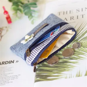 Denim double zipper coin purse cute floral design compact wallet for women daily use fashion small pouch