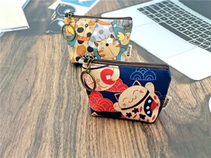 Schattige canvas portemonnee met kattenprint, compact tasje met rits voor sleutels en kleine spullen.