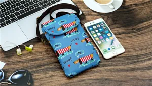 Cute dachshund print cross-body phone bag for women, waterproof multi-layer mobile pouch.