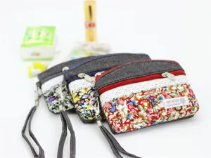 Denim floral coin purse wristlet small pouch double zipper handmade style casual wallet cute daily bag