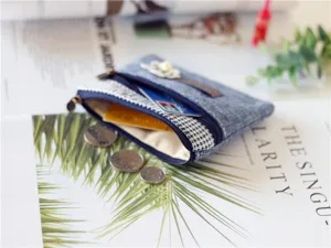 Blue denim cotton linen double zipper coin purse small wallet for women daily use and cards.