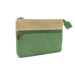 Portamonete in tela verde e juta, piccola borsa multiuso per carte stile minimalista