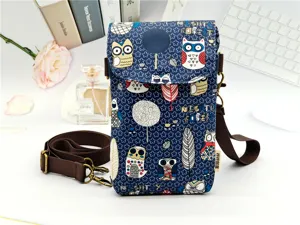Waterproof owl print crossbody phone bag with adjustable strap and metal hardware for women.