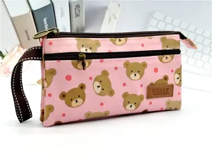 Trousse à crayons multicouche en toile rose joli motif d'ours pochette avec dragonne.