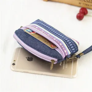 Ethnic denim coin purse with wrist strap, cute small pouch for women and girls daily use.