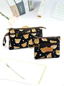 Joli porte-monnaie et trousse à crayons en toile multicouche avec imprimé d'ours de dessin animé.