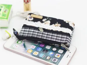 Cotton coin purse multi-layer fabric wallet floral plaid mini pouch with zipper for women