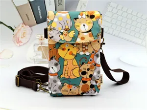 Waterproof laminated crossbody phone bag for women, cute cat print messenger handbag.