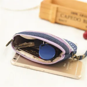 Denim coin purse small zipper wallet card holder vintage ethnic style main view product