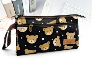 Joli sac pochette multi-couches en toile avec motif d'ours de dessin animé pour les femmes.