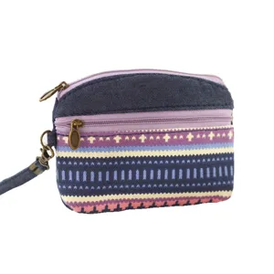 Ethnic style fabric coin purse with double zipper and wrist strap for women daily use