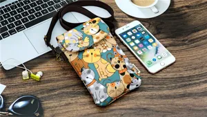 Cute cartoon cat print waterproof crossbody phone bag for women, stylish multi-layer design.