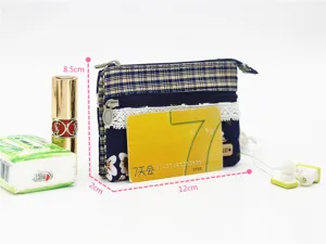 Multi-layer cotton coin purse with plaid floral pattern, compact zip wallet for women.