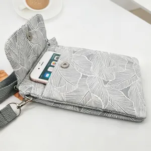 Grey leaf print fabric crossbody phone bag with multi-layer design and shoulder strap