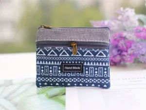 Cotton linen double zipper coin purse for women, blue geometric print small makeup pouch.