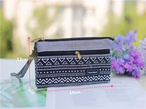 Vue détaillée de la pochette de poignet en toile géométrique noir et blanc avec zip multicouche.