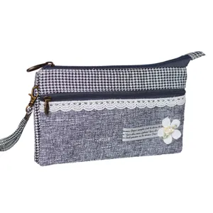 Γυναικείο τσαντάκι clutch πολλαπλών στρώσεων με μοτίβο pied de poule και λινό.