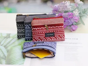 Canvas linen double zipper coin purse, geometric pattern mini card pouch for women daily use.