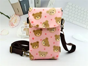 Pink cute bear print crossbody phone bag with strap, waterproof mini shoulder bag for women.