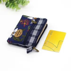 Floral Cotton Coin Purse Multi-Layer Zipper Small Pouch Wallet for Daily Use
