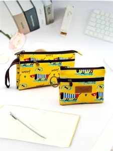 Joli sac clutch multi-couches en toile motif teckel et porte-monnaie zippé pour femme.