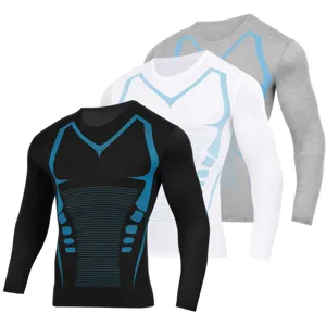 Herren Langarm Kompressionsshirt schnelltrocknend Fitness Sport Baselayer Detailansicht 3 Farben