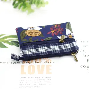 Multi-layer cotton coin purse with floral and plaid pattern, compact zipper pouch for women.